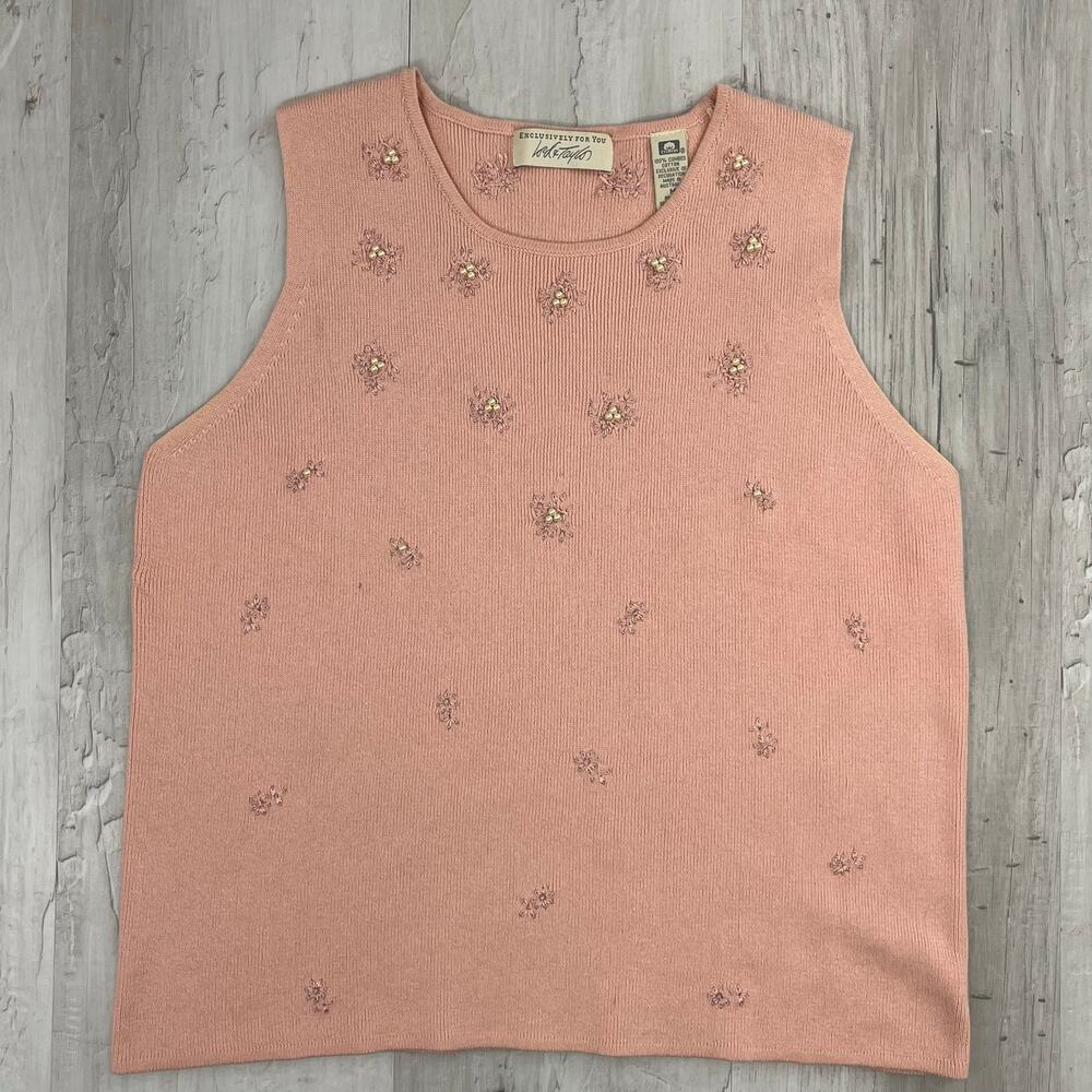 Lord & Taylor Pink Pastel Pearl Flower Cotton Knit Sleeveless Feminine Blouse